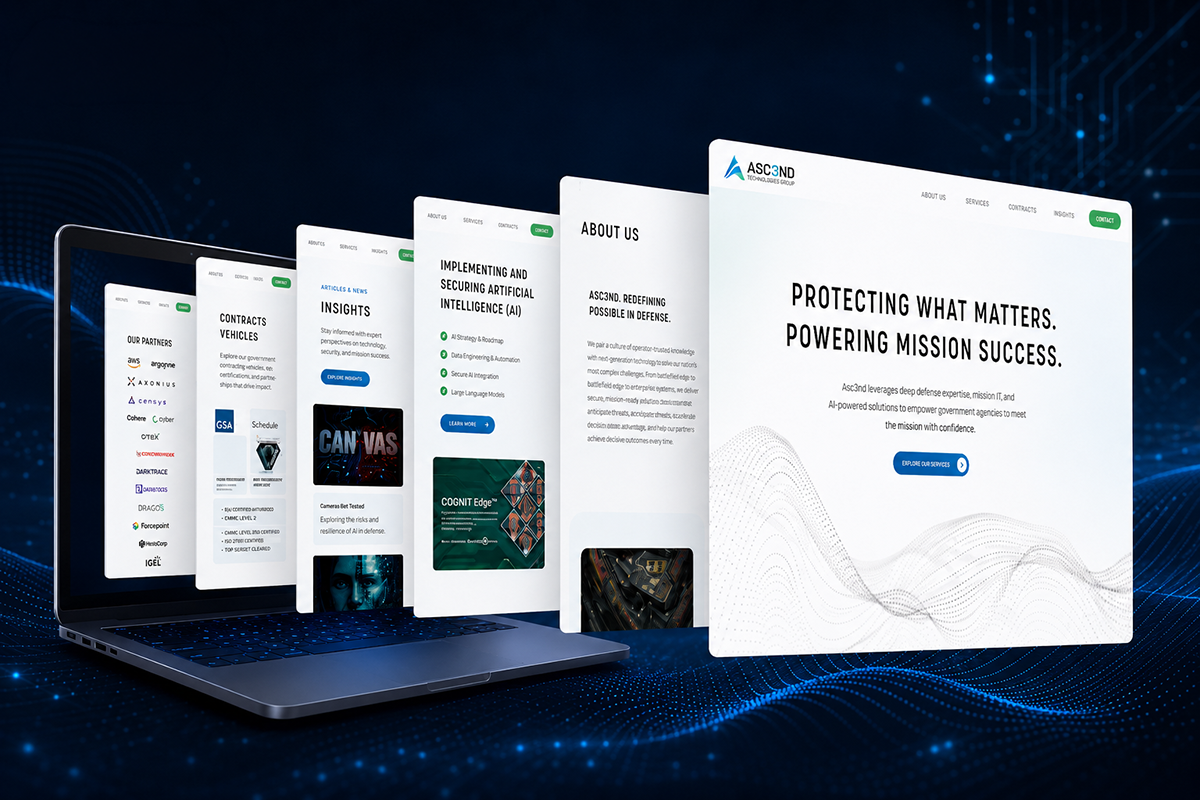 Asc3nd new website design shown across multiple pages on a laptop in a tech environment