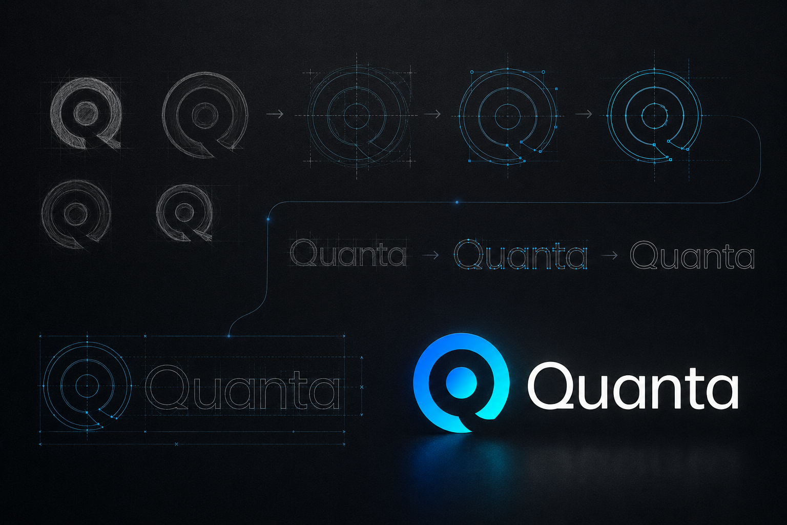 Quanta logo design process from concept sketches through to the final mark