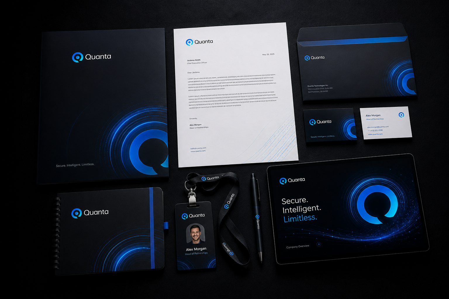 Quanta brand identity system including stationery folder business cards lanyard badge notebook and tablet