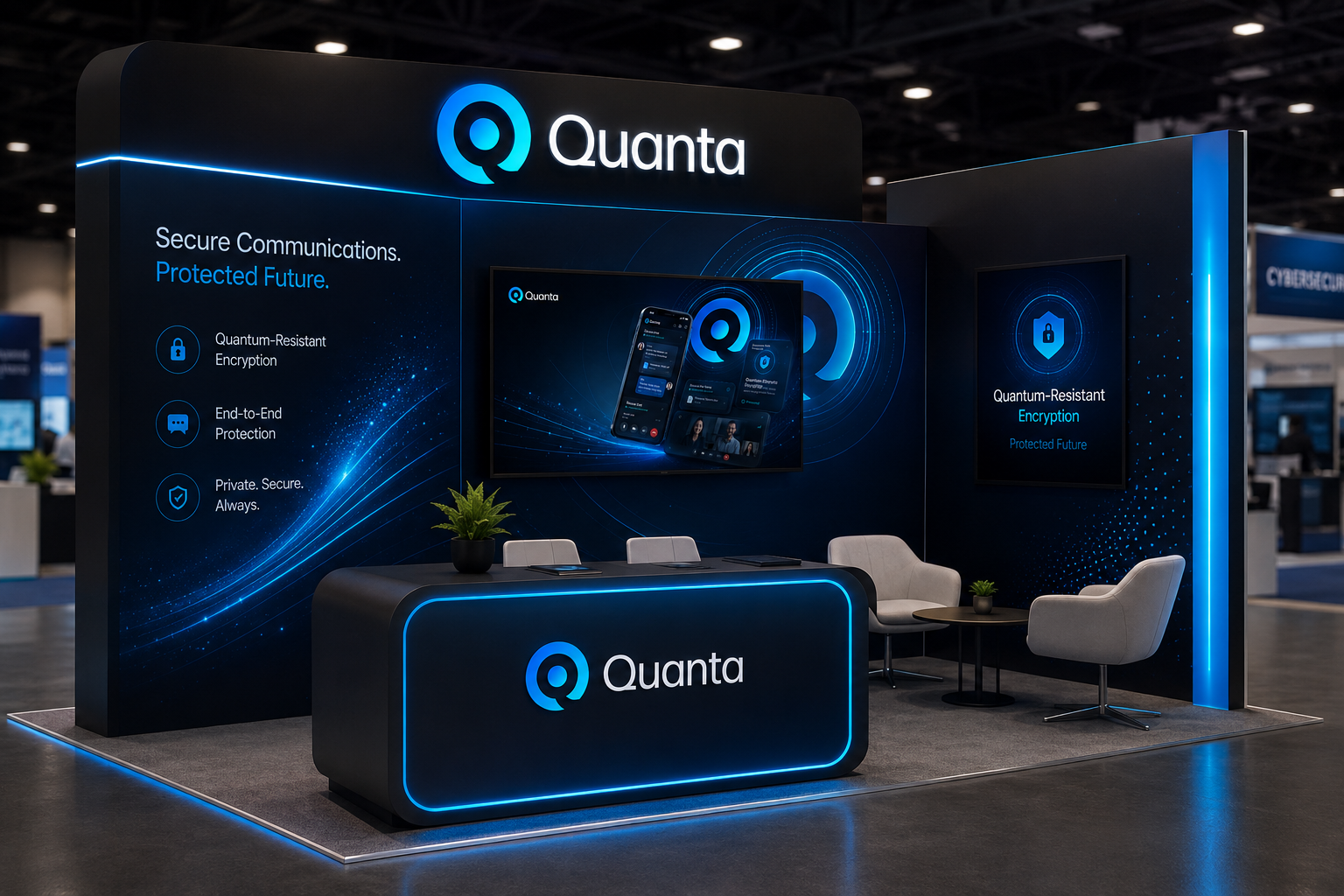Quanta branded conference trade show booth with quantum encryption messaging and product display