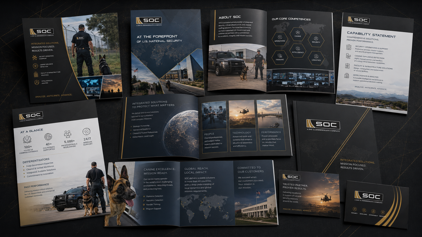 SOC marketing and capability statement collateral including brochures and branded materials